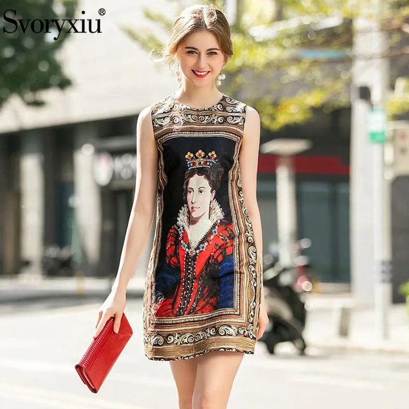 Svoryxiu роскошное подиумное летнее винтажное платье на бретелях с принтом королевы