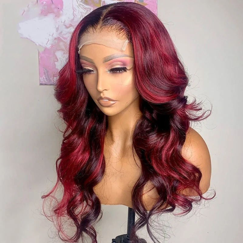 

Colorful Highlight 99j Red Burgundy Deep Part Body Wave Human Hair Wigs Ombre Preplucked Lace Front Wig Bleached Knots