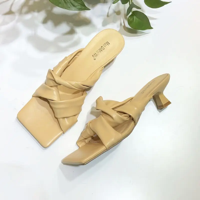 

2021 Spring and Summer New Cross Strap Soft Leather Square Head Stiletto Heel Slippers Low Heel Open Toe Slippers