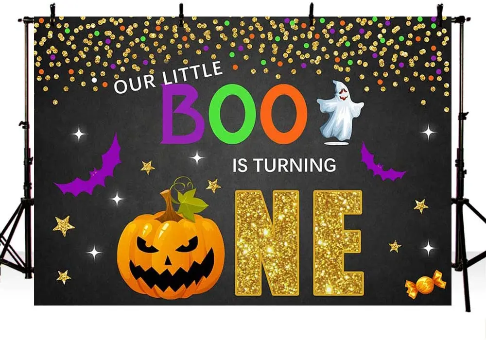 Little Boo One Birthday Party Photo Background Banner Confetti Halloween Happy 1st Birthday Black Gold  Pumpkin Backdrops