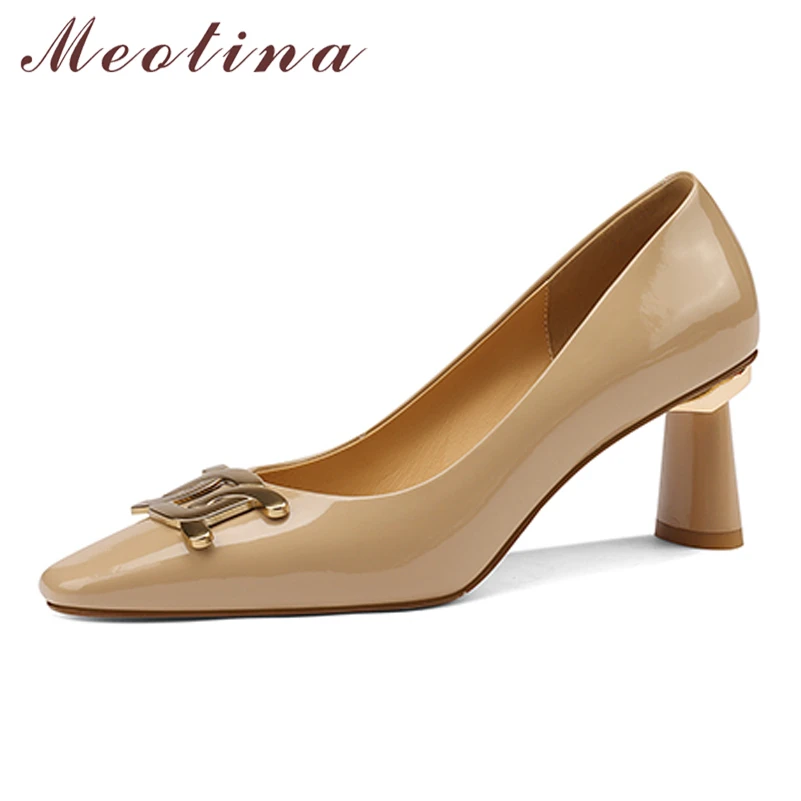 

Meotina Women Shoes Genuine Leather Fashion Thick Heels Pumps Square Toe Metal Decoration High Heel Ladies Footwear Black Spring