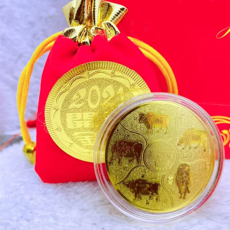 

2021 Year of The Ox Zodiac Gold Coin with New Year Red Cloth Bag Commemorative Coin Feng Shui Decorations Supplies F2