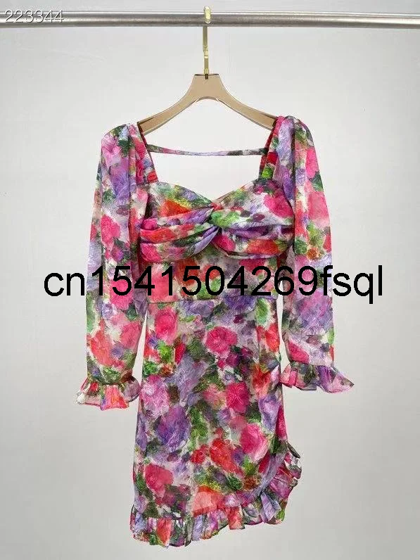 

Женское мини-платье с квадратным вырезом, облегающее вечернее платье с рукавами-фонариками и цветочным принтом, Новинка осени 2021