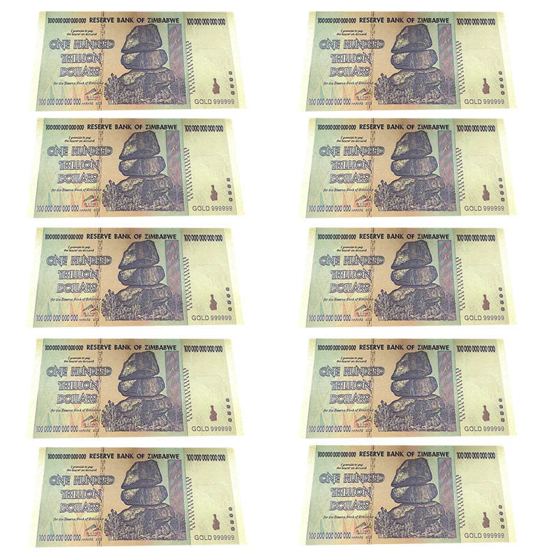 Billetes falsos chapados en oro de 100 trillones, colecciones de dinero falso, regalo, recuerdos, 10 piezas