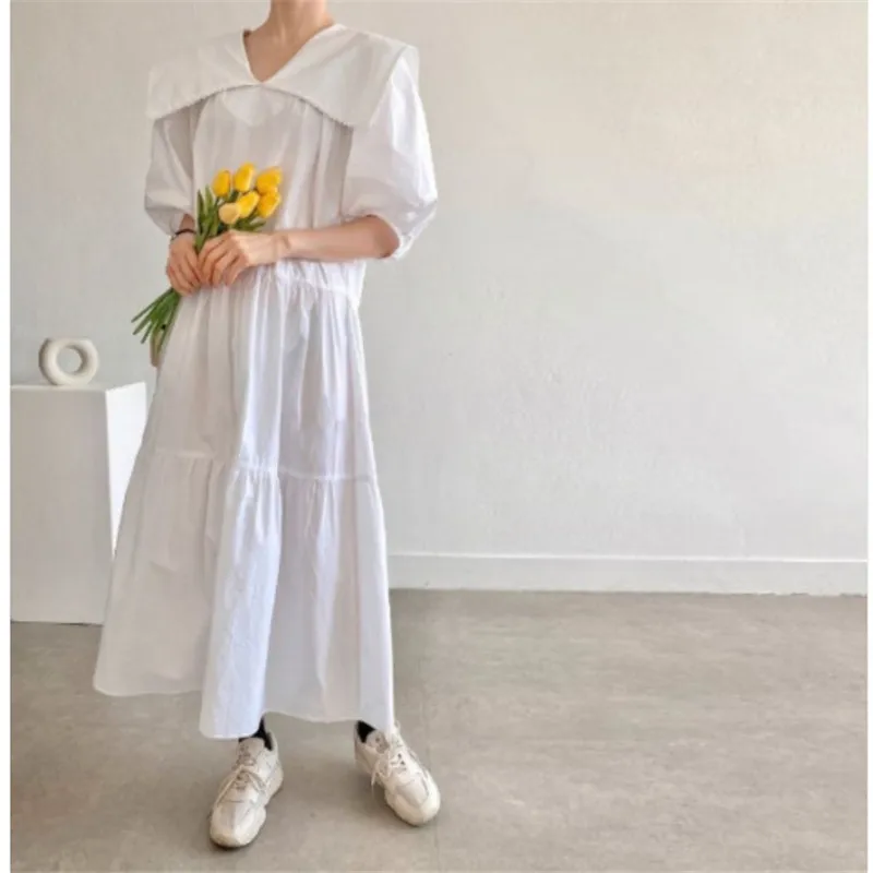 

Solid White Summer Women's Dress Round Neck High Waist All-match Thin Korean Style Long Sleeve Stitching Long Vestidos 2021