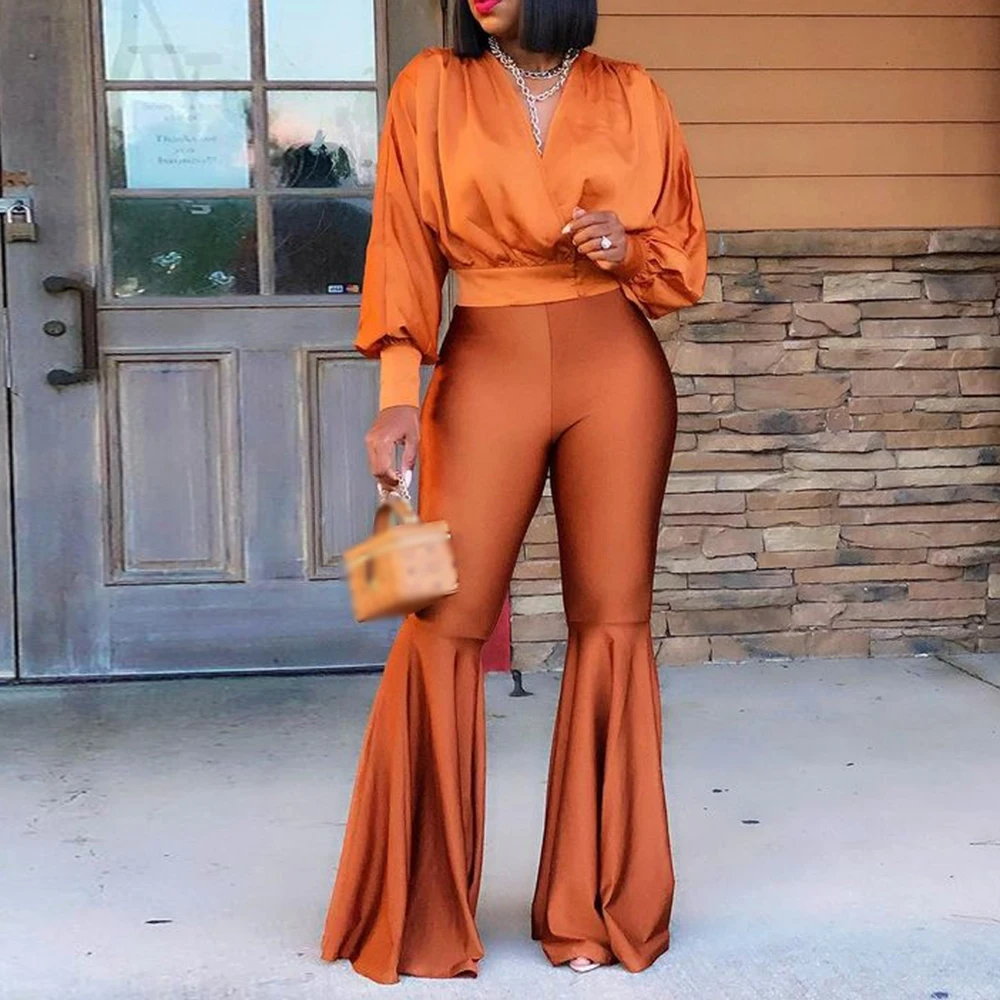 

African Women Two Piece Sets Autumn Retro Blouse Long-sleeved Shirt Top Wide Leg Pants Flared Trousers Fashion Suit Office Lady