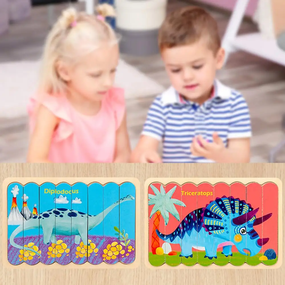 Детский деревянный двухсторонний мультяшный динозавр головоломка игрушка для