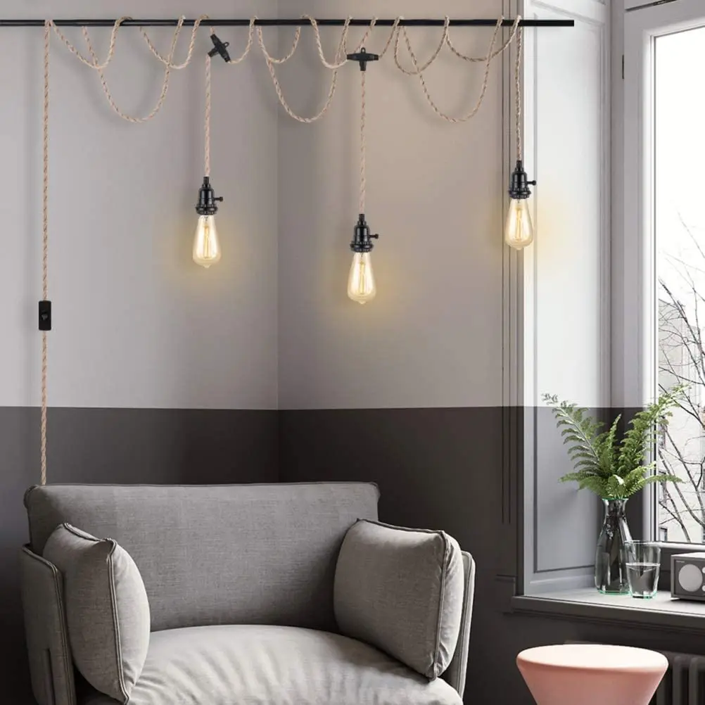 

Farmhouse 3 Heads Pendant Light Holder 4M Hemp Cord Set E27 Socket Rope Hang Light Bedroom Living Room Pendant lamp