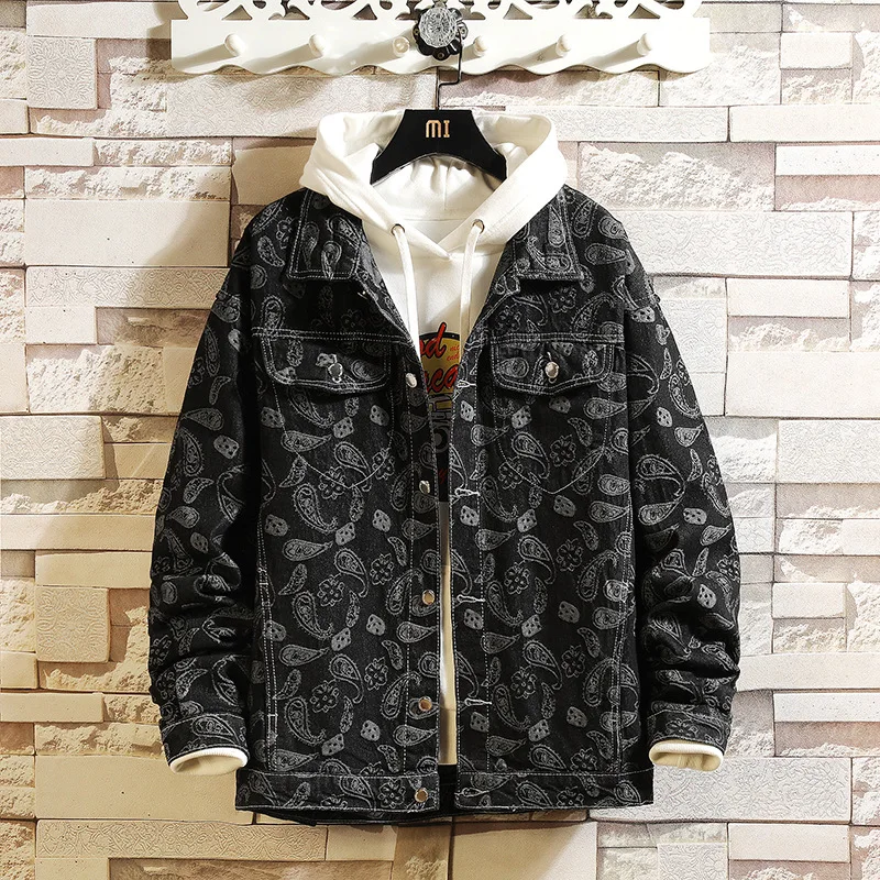

Spring Men's Denim Jacket Printed Decor Fashion Personality Lapel Single Breasted Loose Casual Hot Sale Male Quality Coat