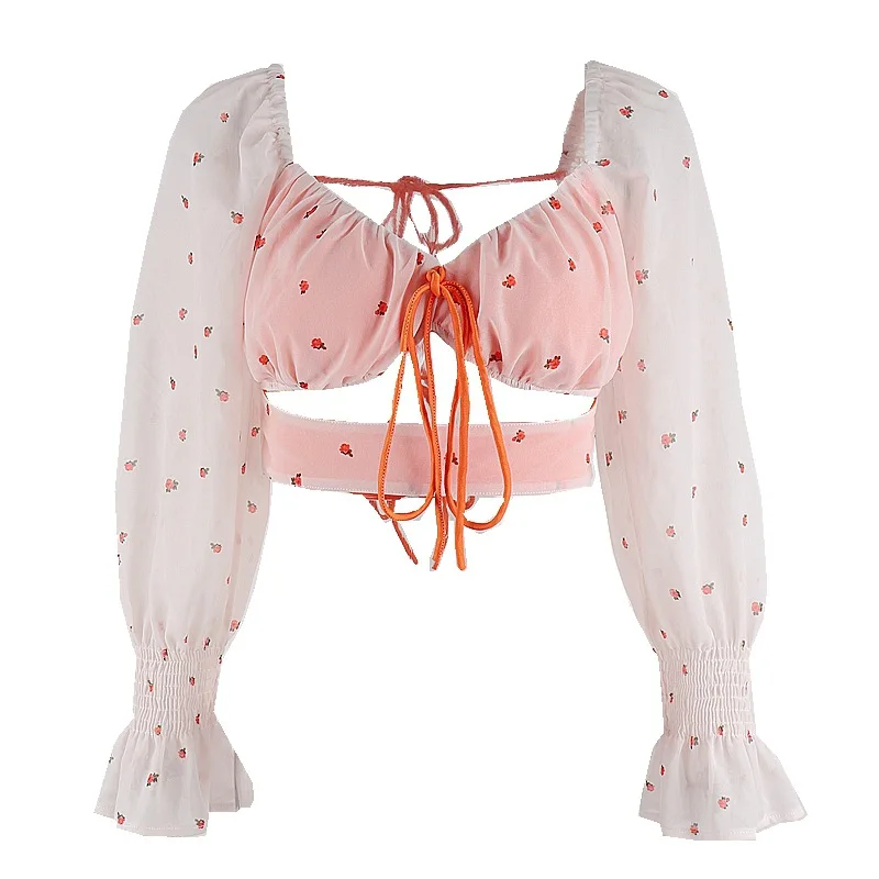 

Women's Vintage T-Shirt Crop Top Women's Clothing Beautiful Sexy Square Neck Print Backless Lacing Up Mesh Puff Sleeve Top Egirl