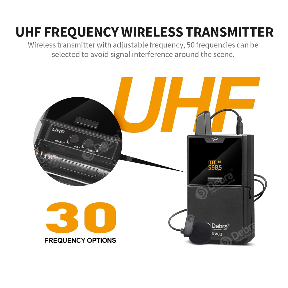 Беспроводной петличный микрофон Debra DV01/02 UHF с функцией монитора и микрофоном для