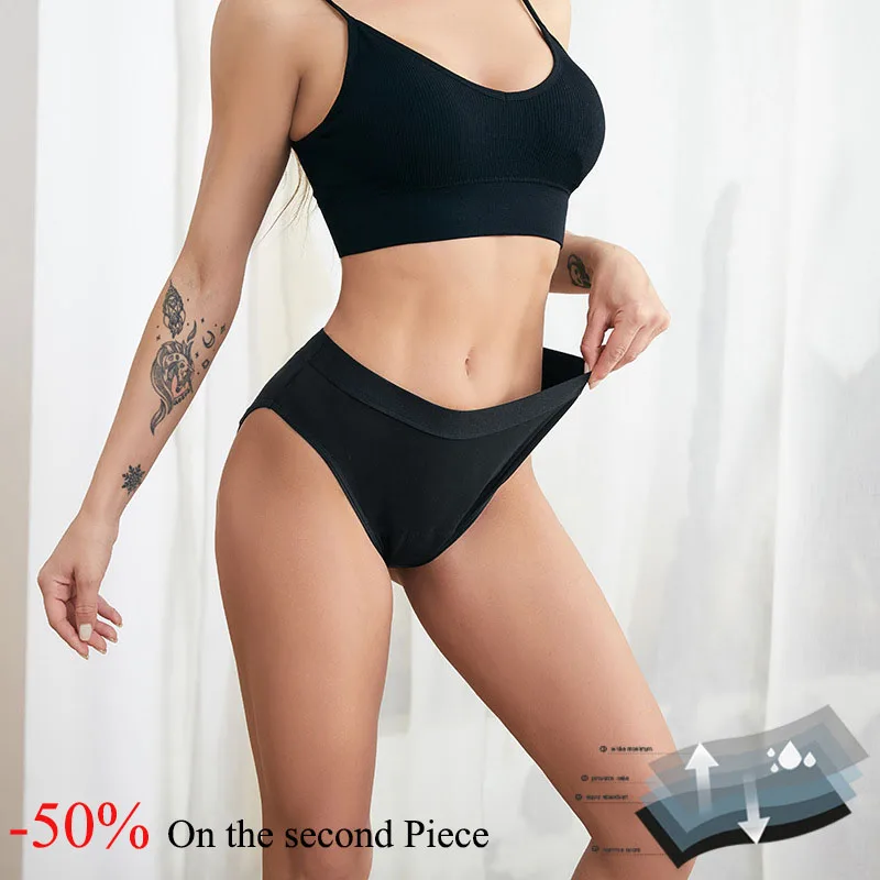 

Plus Size 4-Layer Mid Waist Absorbent Menstrual Panties Bamboo Fiber Black Leakproof Women's Lingerie Period Panties for Girls