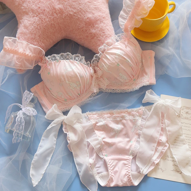 Japanese sweet cute lolita my melody underwear girl soft with steel ring bra set plus size push up women lingerie with panties