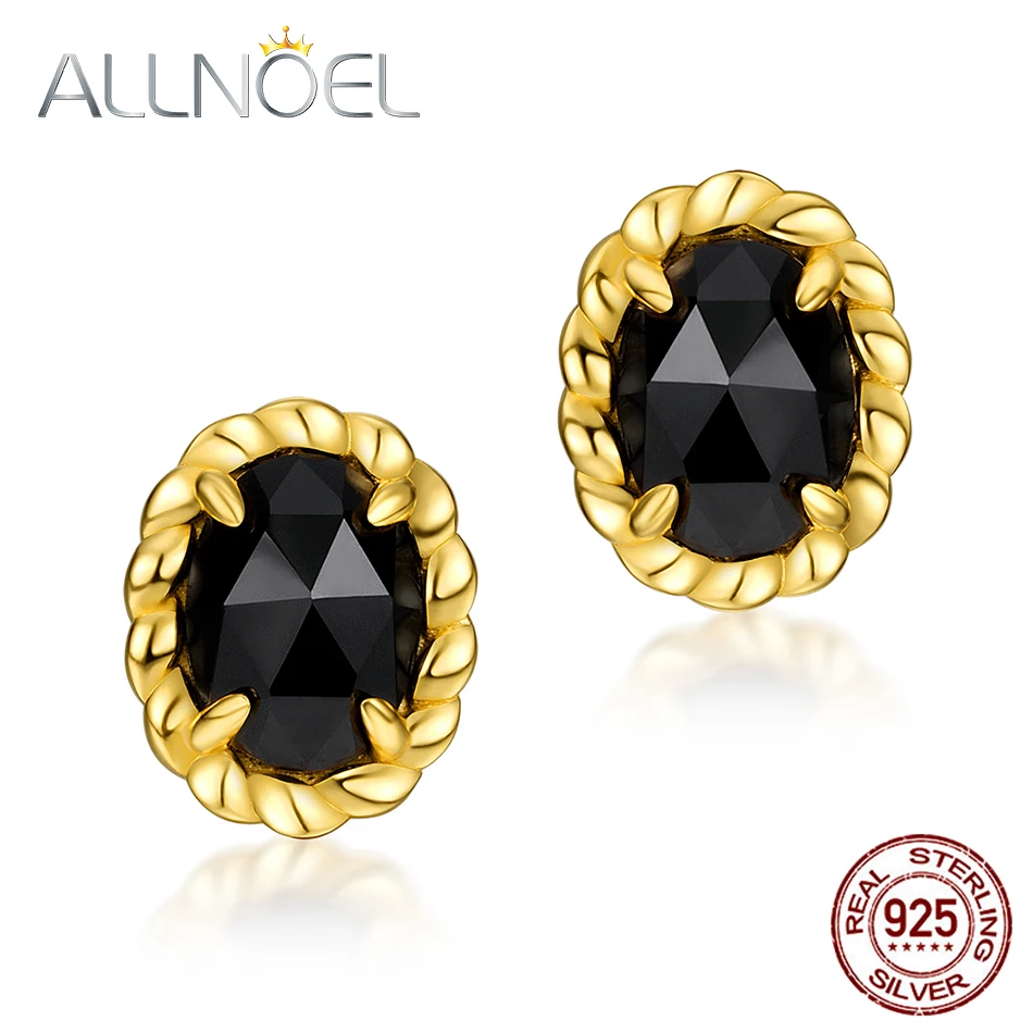 

ALLNOEL, женские серьги из стерлингового серебра 925 пробы, 100% натуральный черный агат, Серьги с драгоценными камнями, позолоченные ювелирные ук...