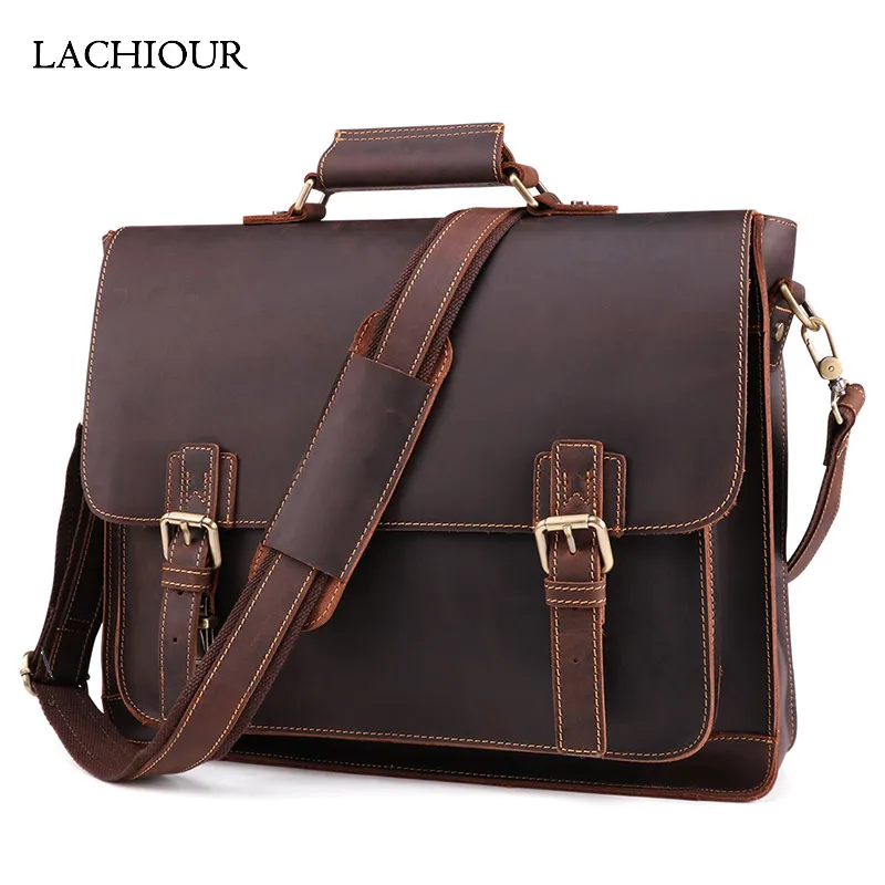 LACHIOUR Men Genuine Leather Handbag Male Business Crossbody Bag  Large Capacity Men's Messenger Bag Male 15.6 inch Laptop Bag