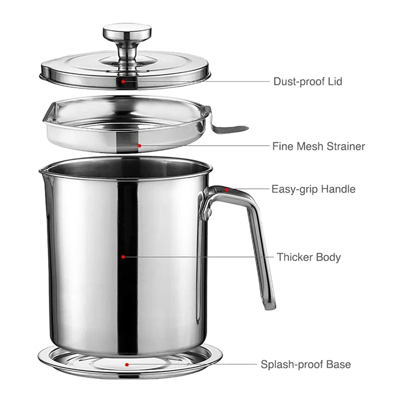 

1.7 Quart Stainless Steel Grease Strainer Container - Oil Storage with Stainless Steel Cover, Mesh Sn and Base