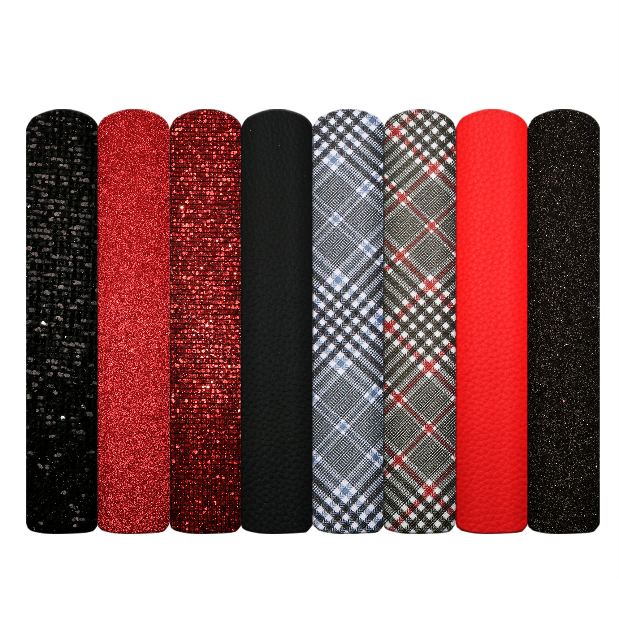 Черно-красный набор листов искусственной кожи серии Black Red с однотонной широкой блесткой личи, леопардовым и клетчатым принтом на синтетической ткани для рукоделия.
