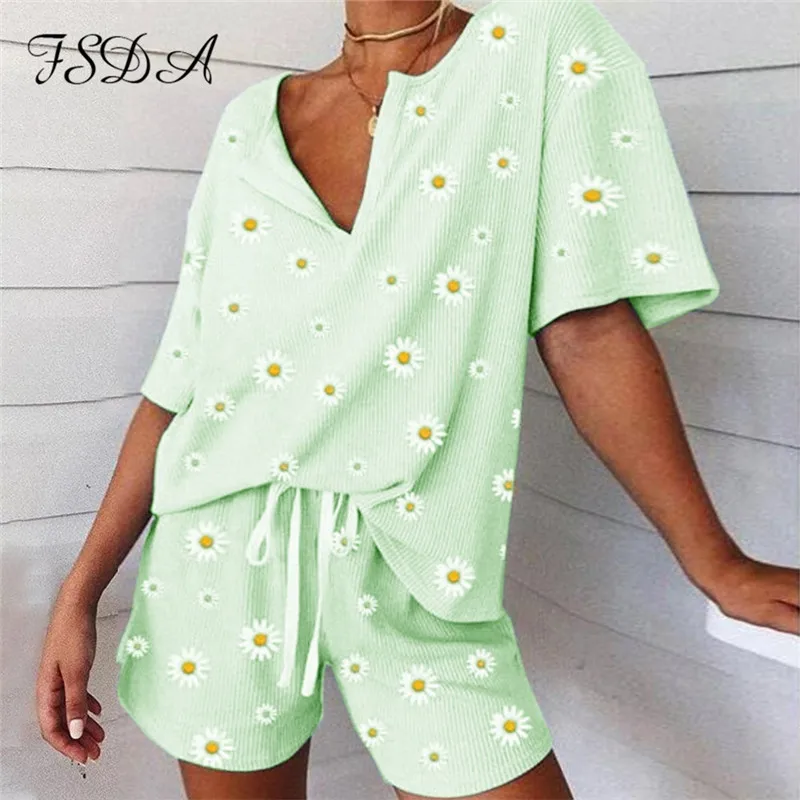 FSDA V Neck Floral Print Loose Women Set Short Sleeve Top Shirt And Shorts Casual Two Piece Home Blue Outfit Suit Sports | Женская