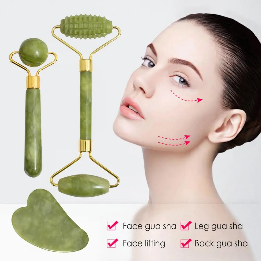 

3Pcs/Set Jade Stone Gua Sha Scraper Board Double-Headed Roller Massager Natural Jade For Face Guasha Lifting Beauty Care Tool