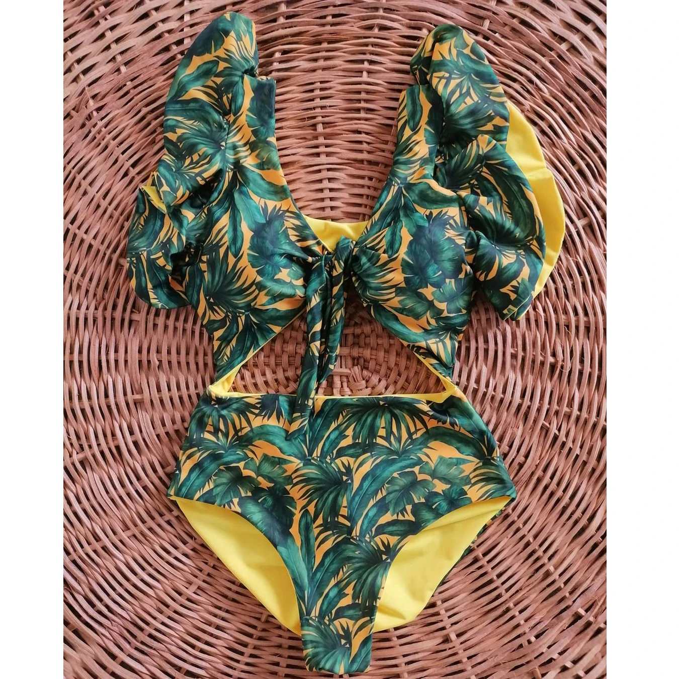 

2021 New Print Swimwear Deep V-neck Ruffle Swimsuit Push Up One Piece Swimsuit Beach Wear Backless Monokini