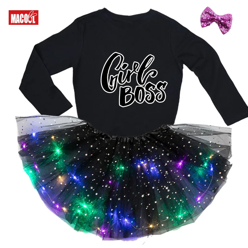 

Dress Girls Personalized Customized Birthday Gift Party Dresses Girls Custom Letter Long Sleeve T-shirt+luminous Skirt+hairpin