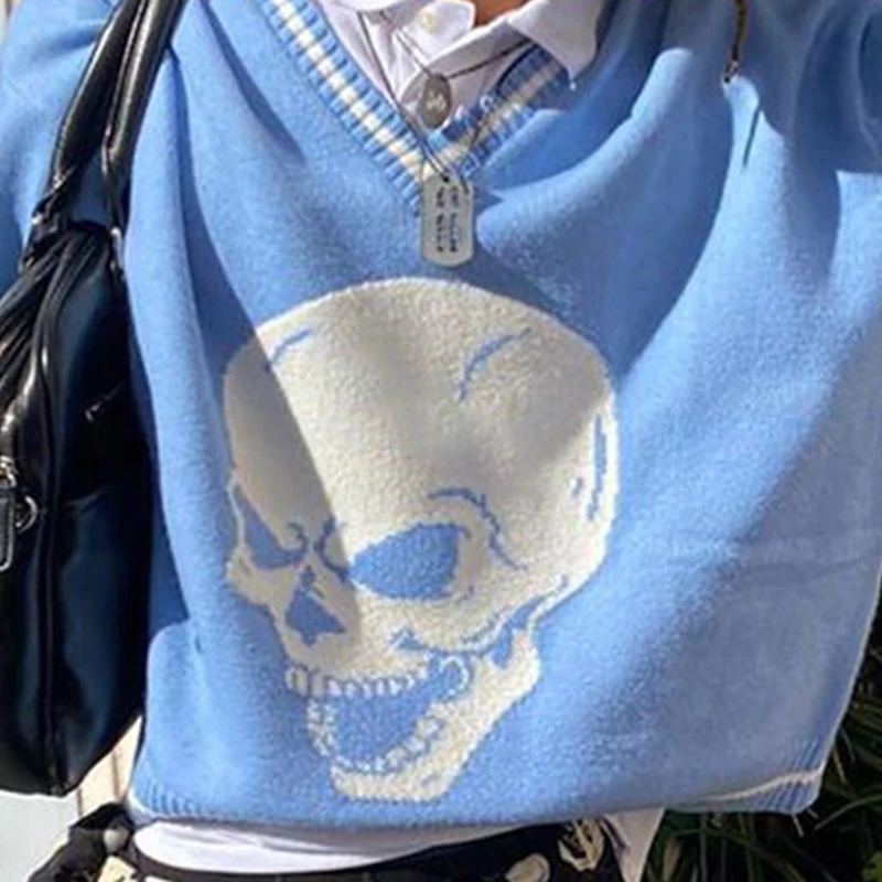 

Striped Skulls Pattern Oversize Blue Sweater Women Autumn 2020 Streetwear V Neck Pullover Y2K Tops Knitwear female jumper