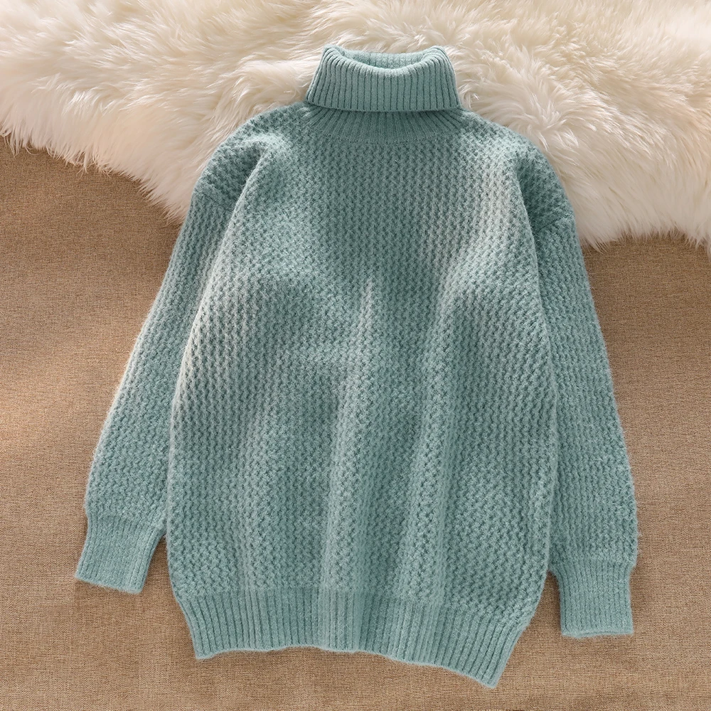 Пуловер-водолазка Женский свободный однотонный в японском стиле вязаный для
