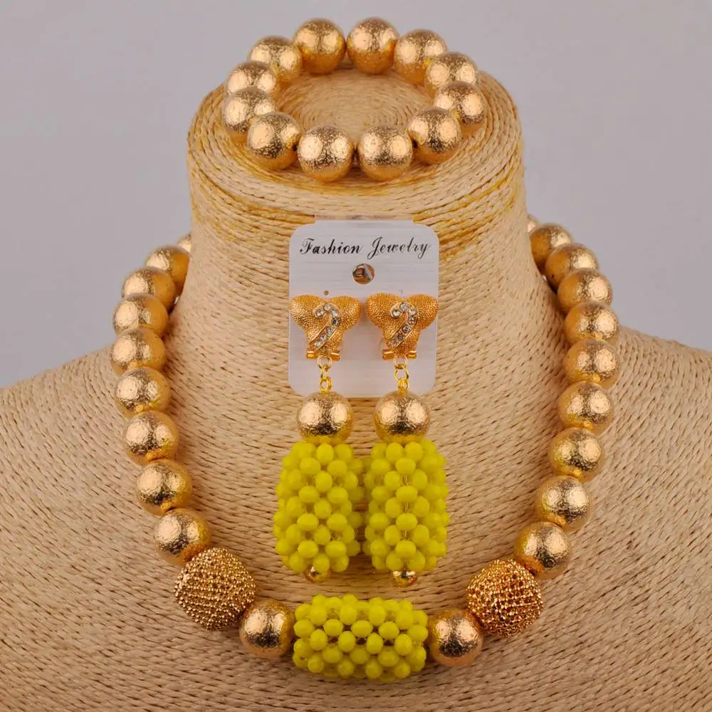 

Opaque Yellow Nigerian Wedding Jewelry Sets for Women Crystal Necklace Earrings Bracelet Set African Jewelry Set
