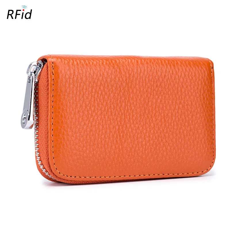 Оранжевый FUNMARDI Genuine Leather Card Wallets Women Business RFID Credit Card Bag Men Small Wallet Leather Lady Travel Card Bag WLHB1999 - Цвет: Оранжевый