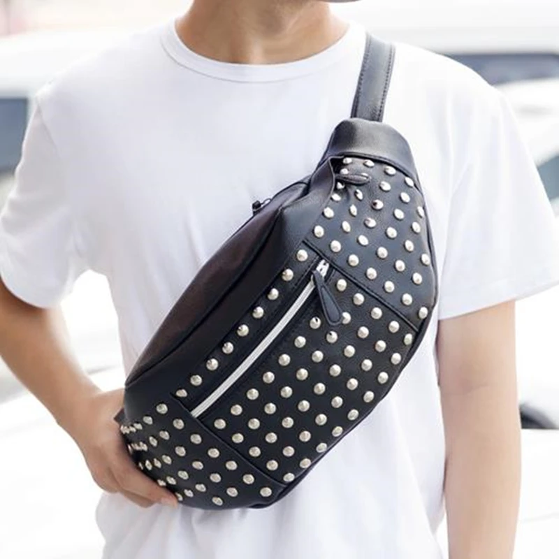 Кожаная поясная сумка Мужская на пояс карманы нагрудные сумки заклепки для