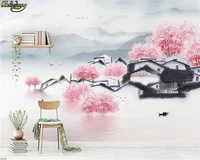 beibehang new chinese style hand painted building peach blossom mood landscape tv sofa background wall 3d wallpaper mural