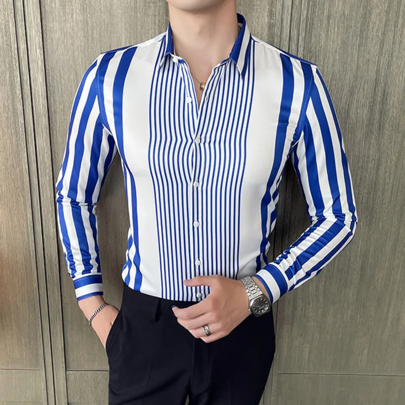 

Модная Корейская рубашка в полоску, деловая Повседневная приталенная рубашка с длинными рукавами, Chemise Homme 4XL, 2021, мужские рубашки, Camisa Hombre ...