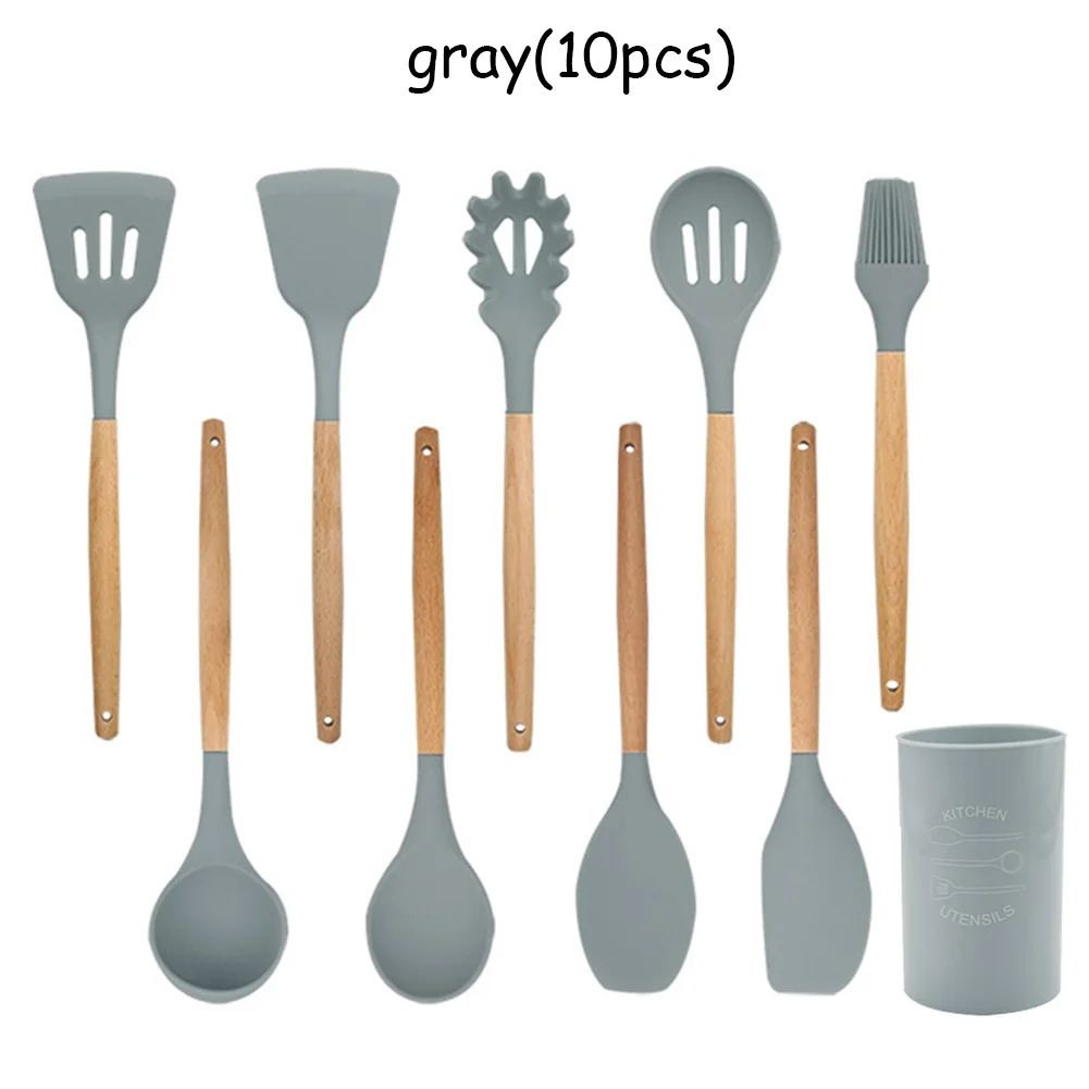 Grey 10Pcs 9/10/12 Pcs Silicone Cooking Tools Kitchen Utensils Set Bamboo Handles Cooking Tool None Toxic Kitchen Gadgets Nonstick Cookware - Цвет: Grey 10Pcs