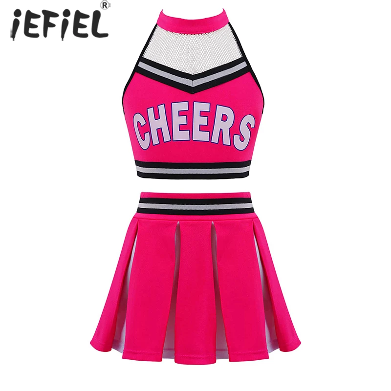 

Kids Girls Clothes Sets School Girls Cheerleader Costume Cheer Outfit Halter Neck Mesh Patchwork Crop Top Pleated Skirt Sets