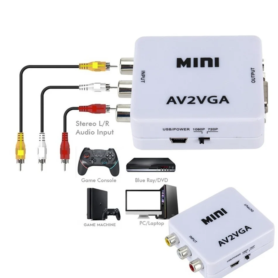 HD AV2VGA Video Converter Convertor Box AV RCA CVBS to VGA Conversor with 3.5mm Audio PC HDTV Mini | Электроника