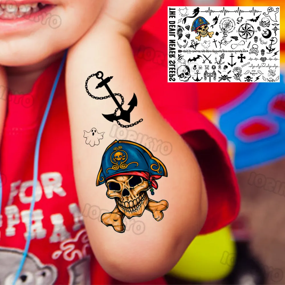 Skull Temporary Tattoos For Kids Men Women Adult Face Neck Pirate Captain Tattoo Sticker Monster Fake Skeleton King Tatoos images - 2