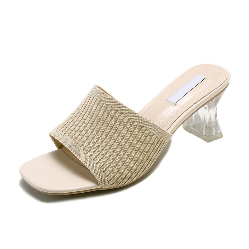 

Women Slides Knitted Square Toe High Heels Casual Ladies Shallow Concise Solid Female Slippers Outdoor Summer Fashion 2021 New