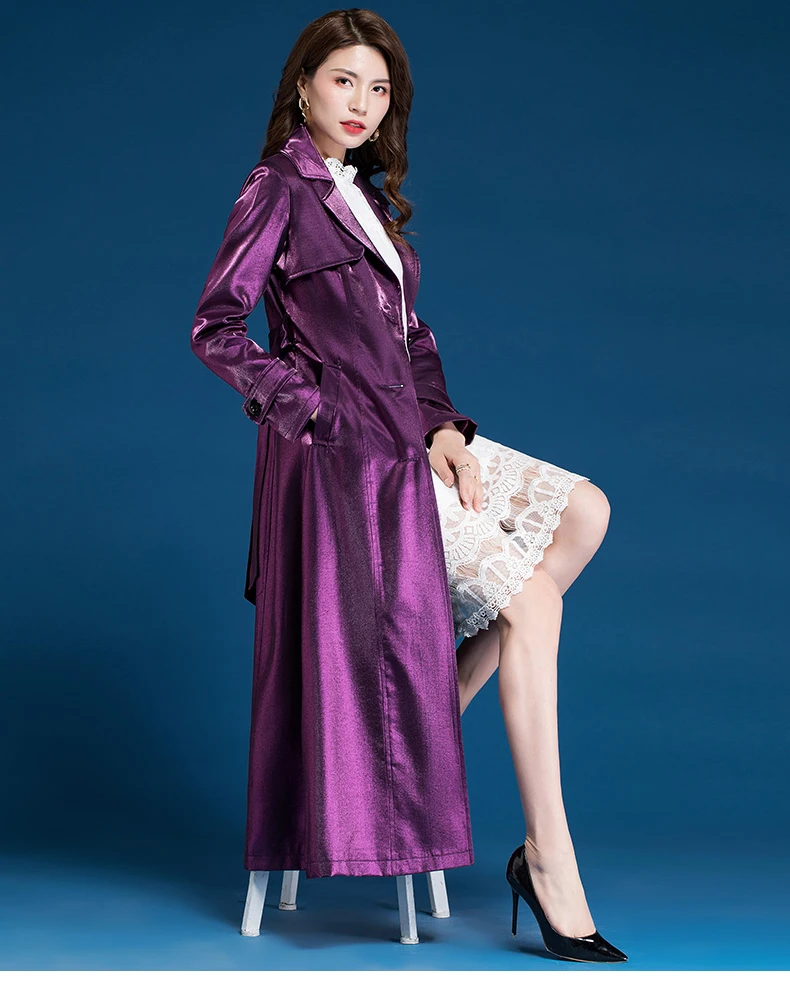 Spring Fall Fashion Women Single Breasted Sash Bow Purple Long Trench Coat Womens Overcoat Suit Collar Woman Windbreaker | Женская