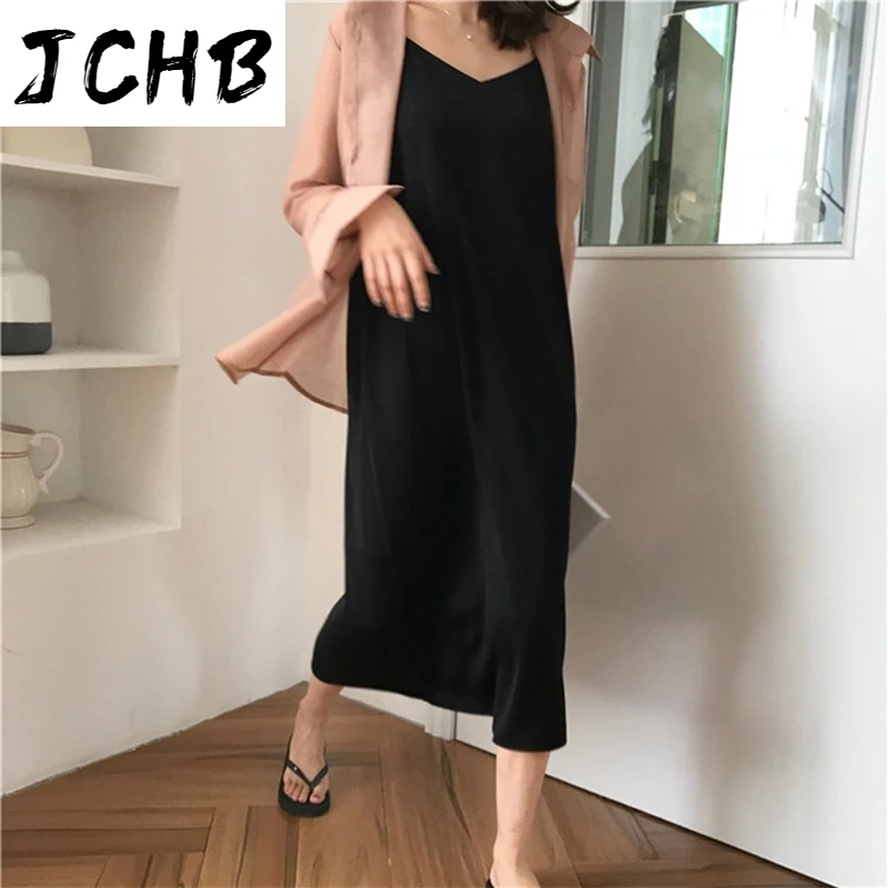 

Casual Loose Thin Chiffon Dress Straight Midi V Neck Backless Women Dresses Elegant Black Spaghetti Strap Ladies Vestido Femme