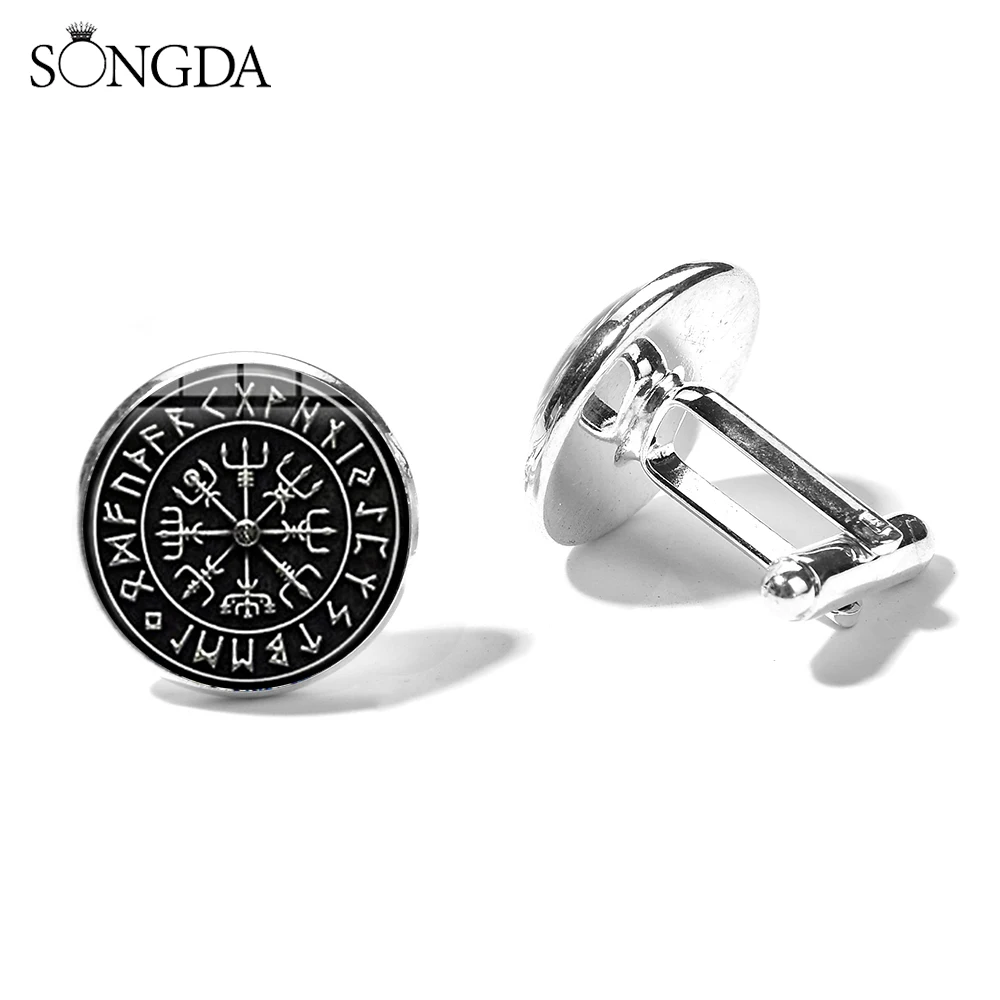 

Nordic Vikings Compass Runes Men's Cufflinks High Quality Silver Color Glass Cabochon Shirt Suit Cuff Links Husband Gift