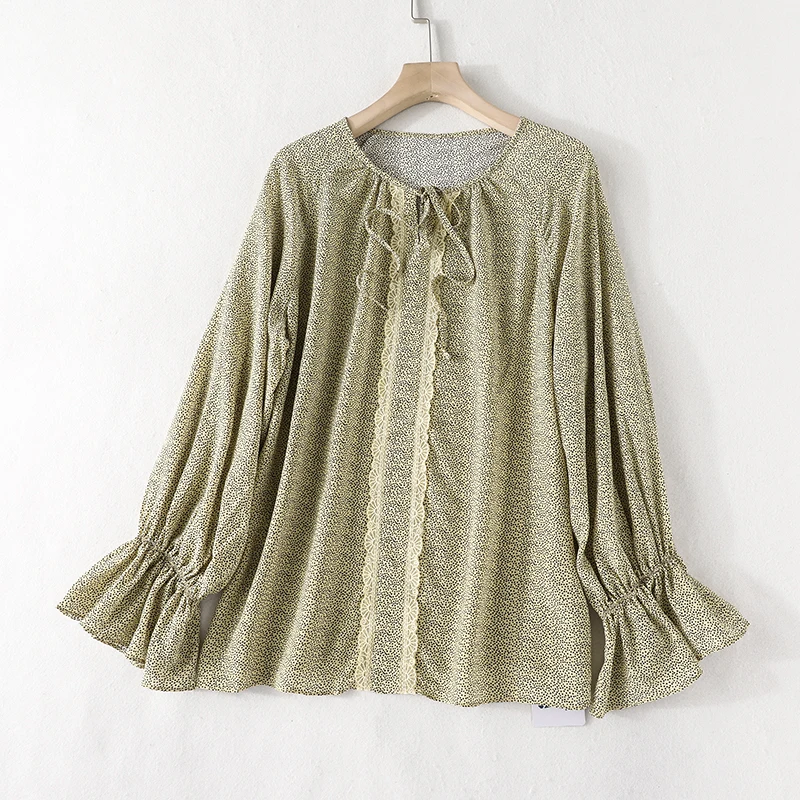 

Women Tops And Bloues 2021 New Summer Products Fashion Pure Silk Round Neck Trumpet Long Sleeve Pullover Full Body Dot Pattern