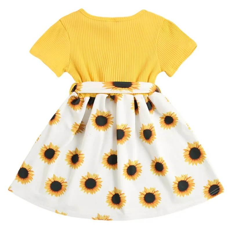 

New Summer Baby Girl Trade Yellow Sunflower Print Cotton Conjoined Skirt Short Sleeve Knee-Length Dress Two Sets 80-120