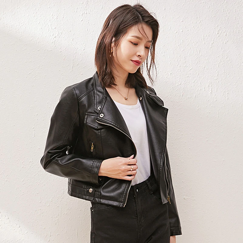 Black PU Leather Women Jacket Short Zipper Basic Coats Casual Moto & Biker Slim Leather Jackets Female Outerwear Chaqueta Mujer enlarge