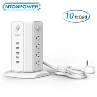 ntonpower surge protector power strip tower with 3m extension cord flat plug desktop charging station with 8 outlets with 5 usb
