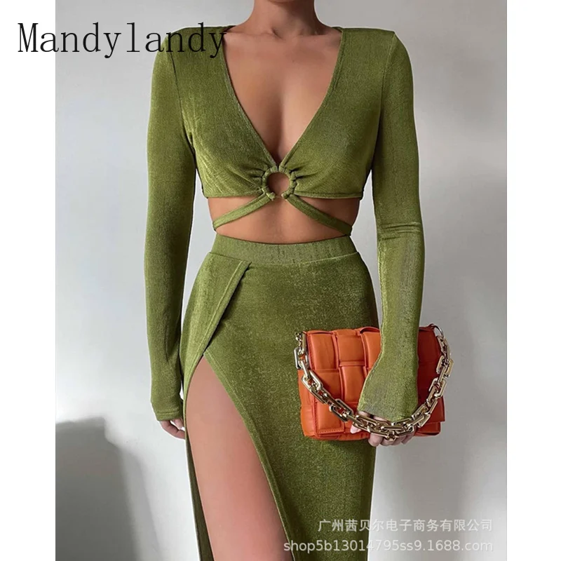 

Mandylandy Women Elegant Hollow Out Skirt Set Lady Sexy V Neck Crop Top + Elastic High Waist Slit Long Skirt 2 Piece Set Outfits