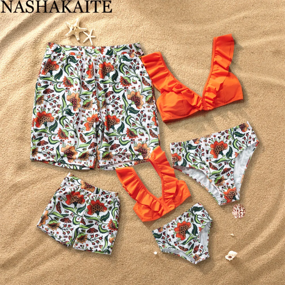 NASHAKAITE/Семейный комплект для плавания 2021 г. оранжевый бикини с принтом и пряжкой