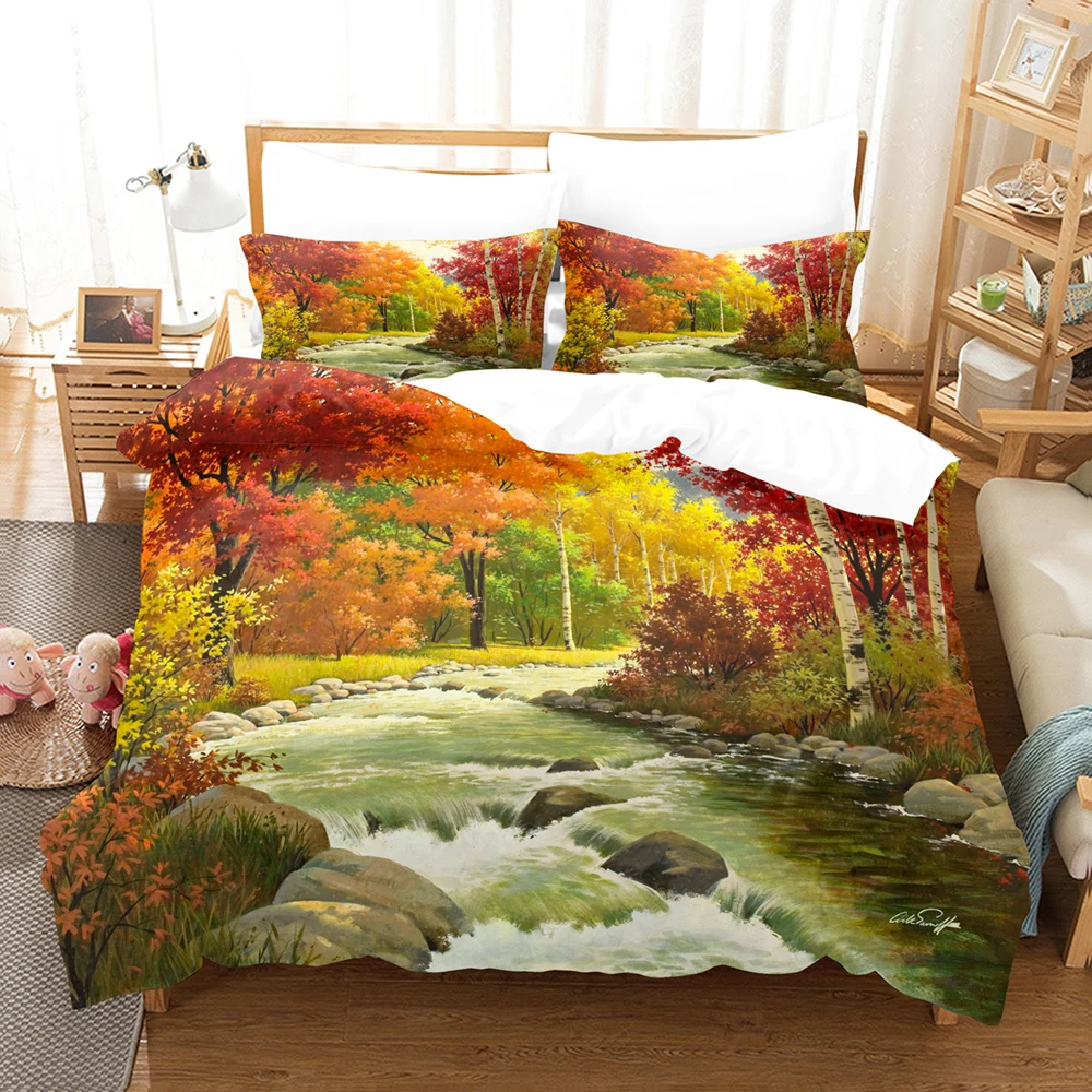 

3D Autumn Forest River Scenic Bedding Set Red Quilt Cover With Pillowcase 2/3Pcs Queen King Size Luxury Comforter Bedding Sets