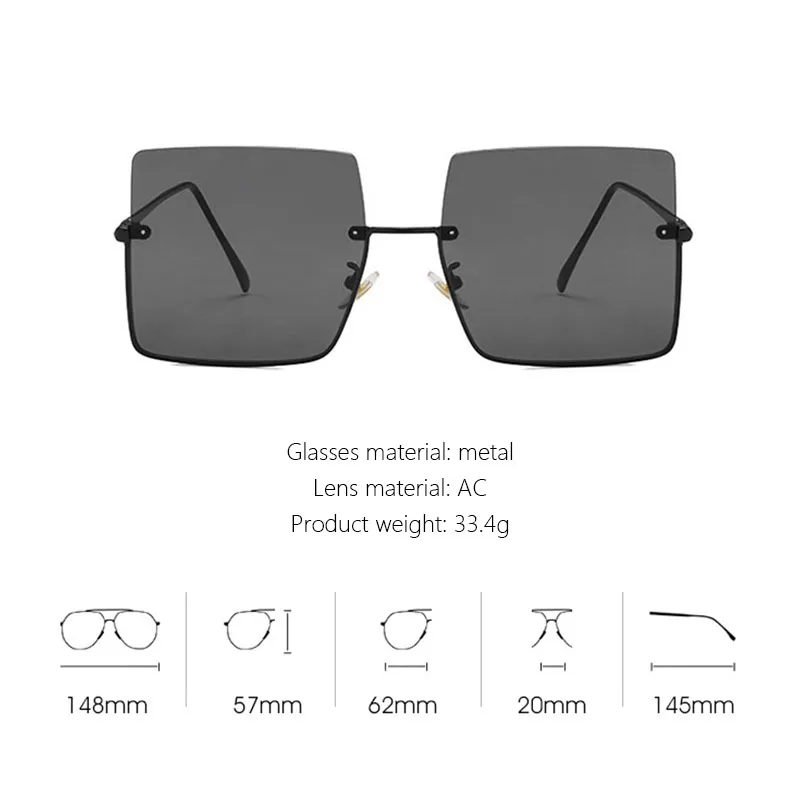 

Metal Semi-rimless Sunglasses Women Retro Oversized Square Sun Glasses Men Fashion Half Metal Frame Streetwear Eyewear UV
