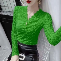 spring and autumn new lace v neck mesh female pullover long sleeve top