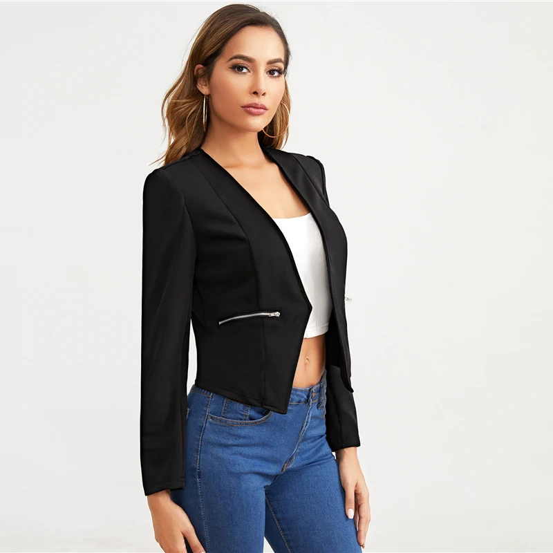 SHEIN черный Открытый Placket молния деталь блейзер для женщин Весна Осень однотонная приталенная верхняя одежда элегантные офисные платья блейзеры
